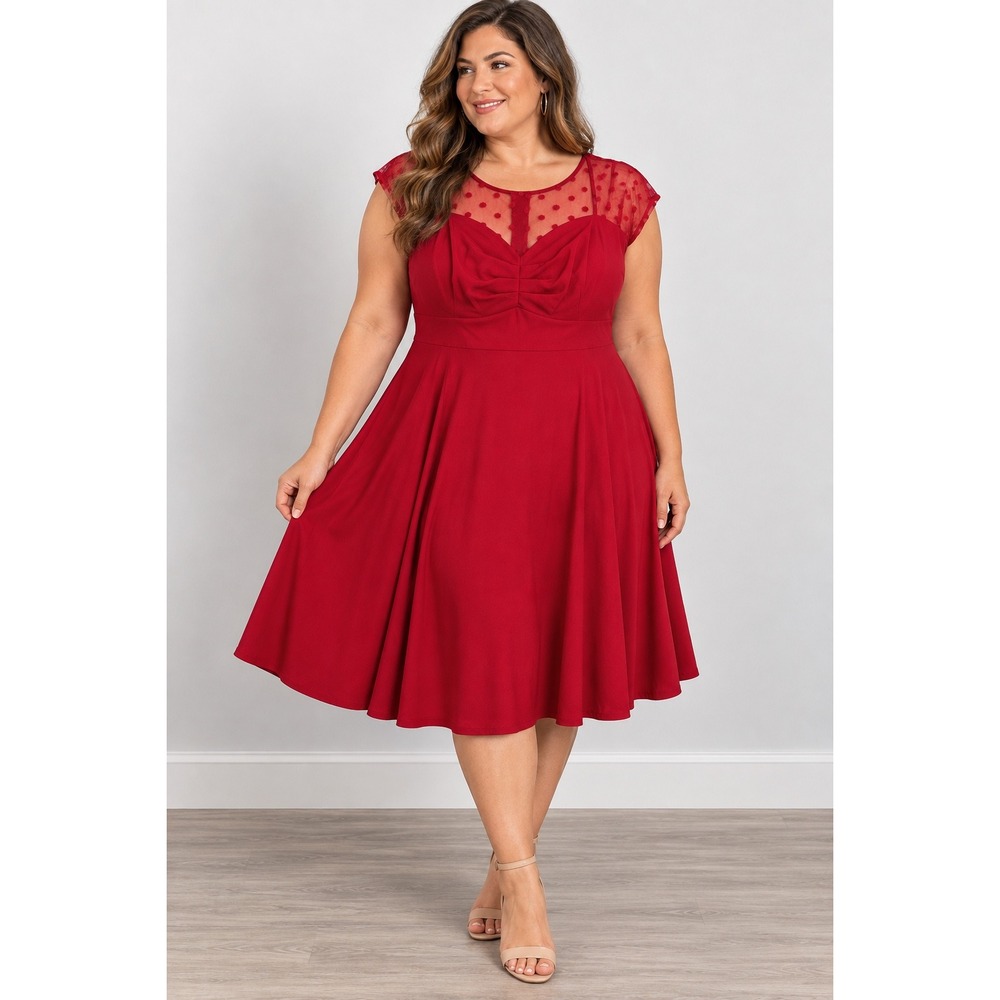 Torrid Red Polka Dot Mesh Yoke Fit and Flare Midi Dress Size 14 Retro Style